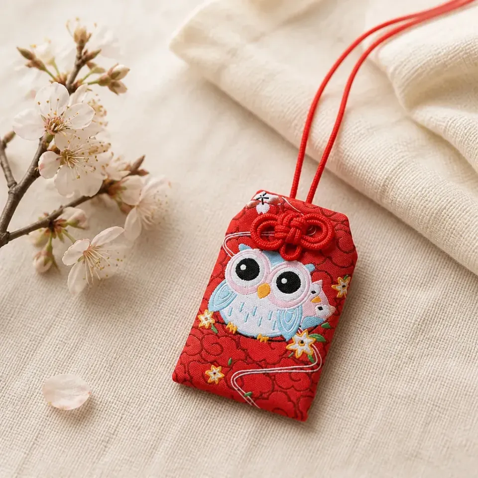 Esprit du Japon porte-bonheur chouette rouge brodé