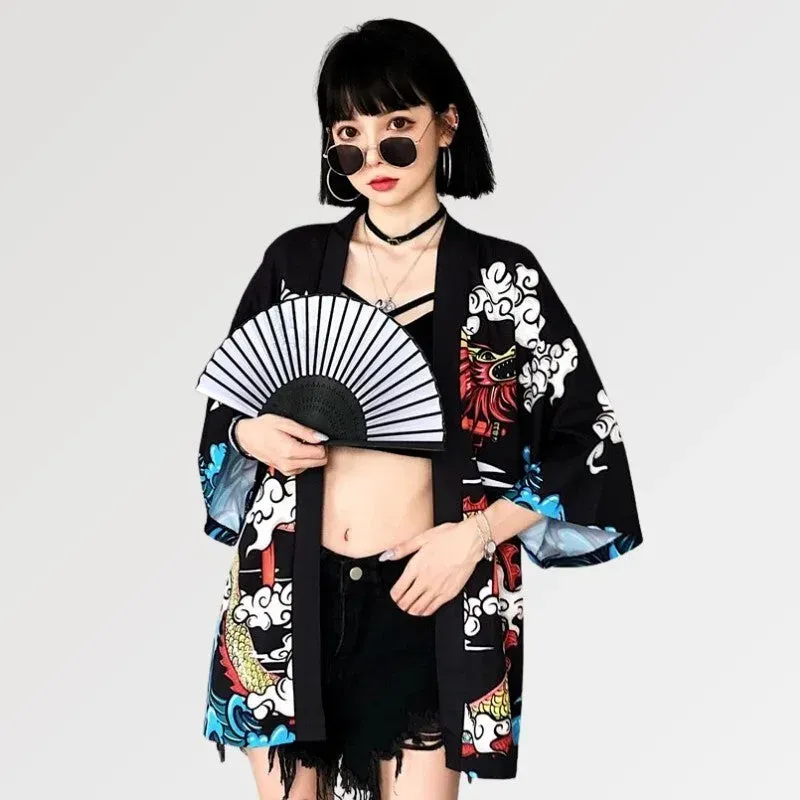 Japon style cardigan kimono Saori dragon Torii polyester