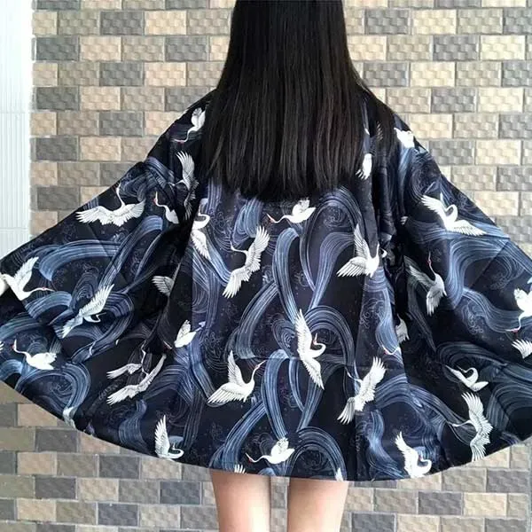 Esprit du Japon veste kimono grues japonaises bleu nuit