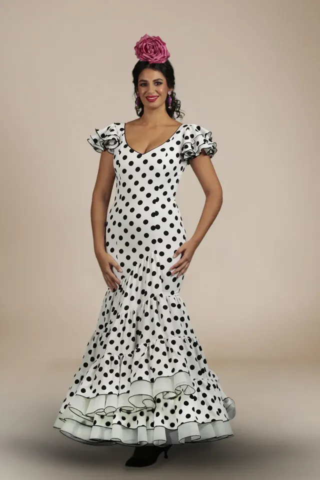 Viva La Feria Micaela robe flamenco blanche pois noirs