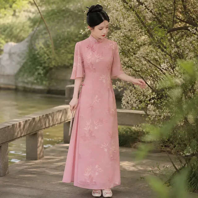 Esprit du Japon robe soirée longue fleurie col officier