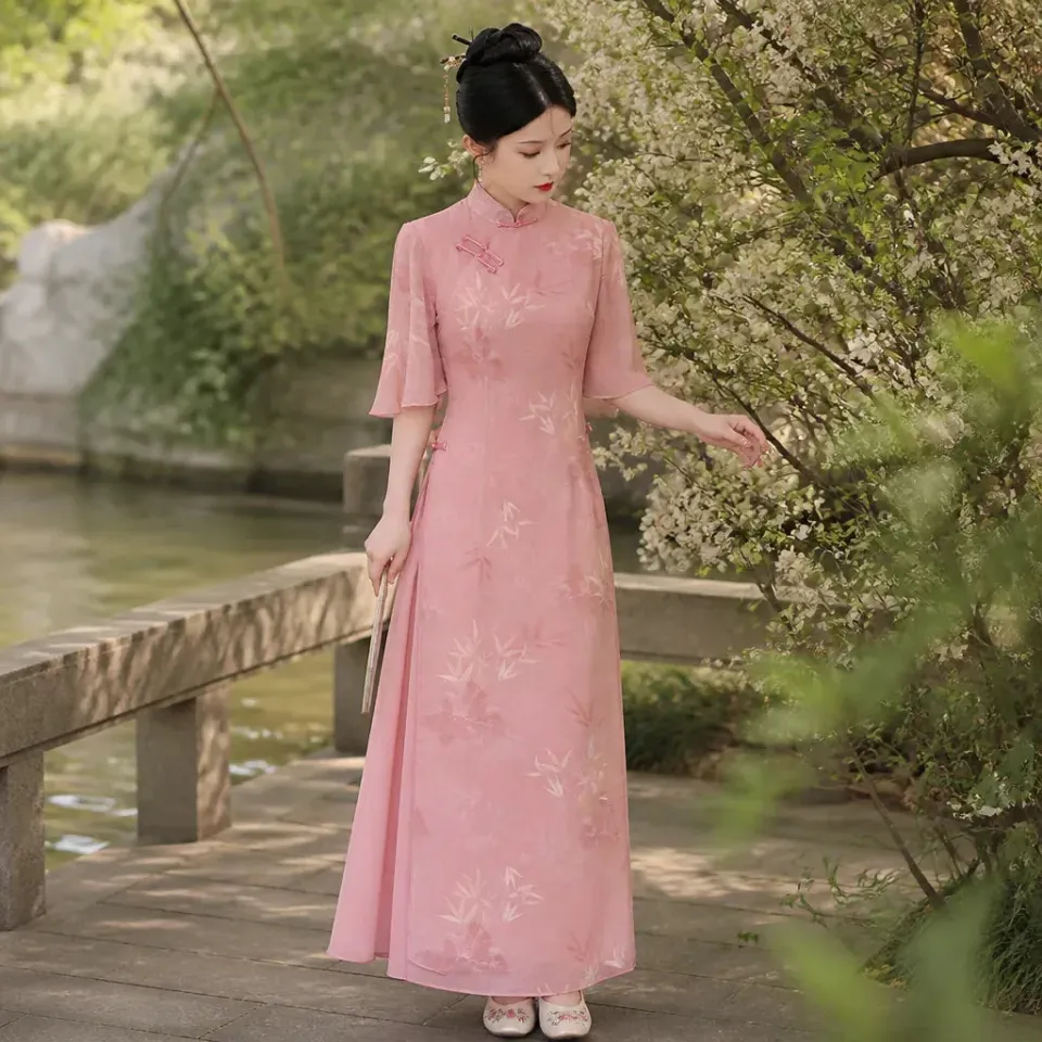 Esprit du Japon robe soirée longue fleurie col officier