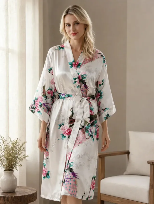 Esprit du Japon Peignoir Kimono Paon Pivoine Satiné
