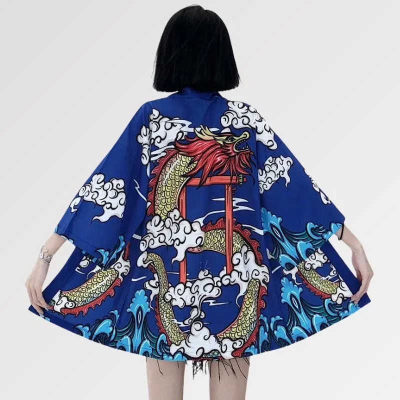 Japon style cardigan kimono Saori dragon Torii polyester
