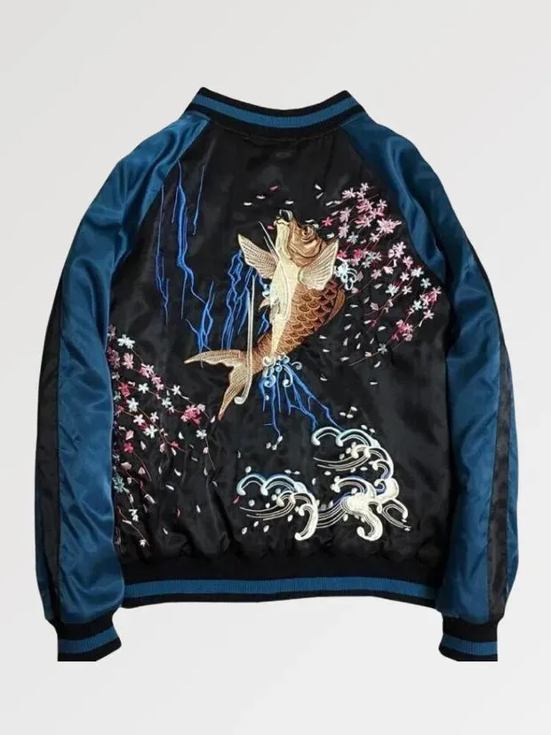 Esprit du Japon Veste Sukajan bicolore bleu broderie Carpe Koï