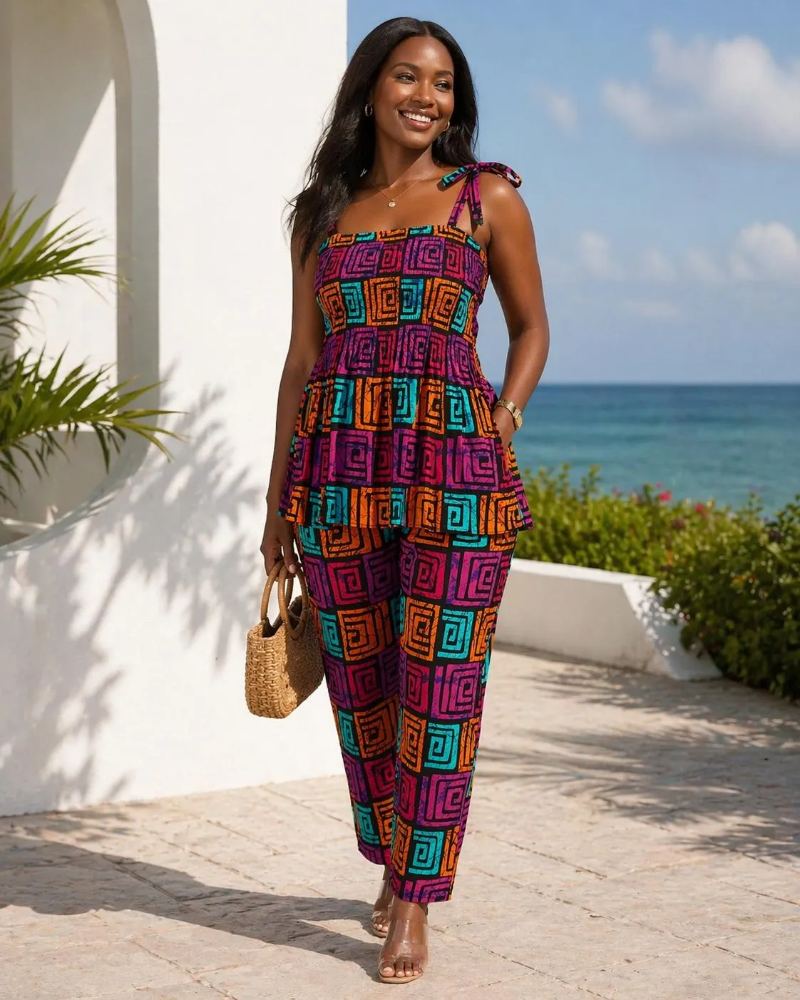 KAVAZI ensemble top peplum pantalon coton foulard