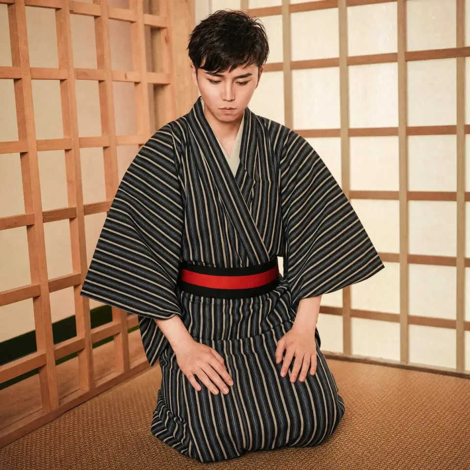 Esprit du Japon kimono homme traditionnel rayé marine