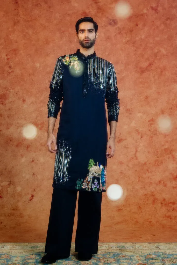 Rahul Mishra Jharokha Silk Satin Kurta kurta ivoire en satin de lin