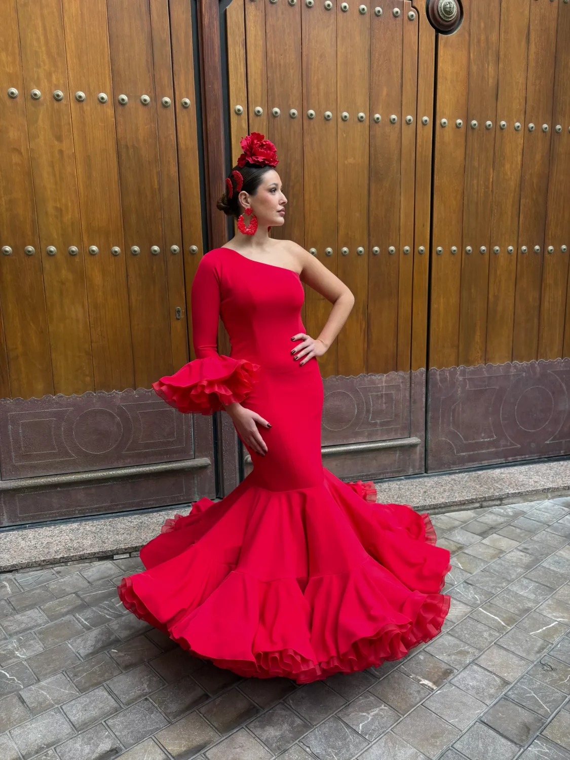 Viva La Feria Rosal robe flamenca rouge sirène asymétrique