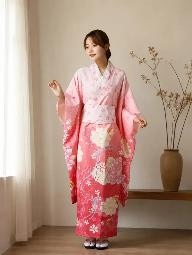 Esprit du Japon robe kimono longue satinée fleurie col V