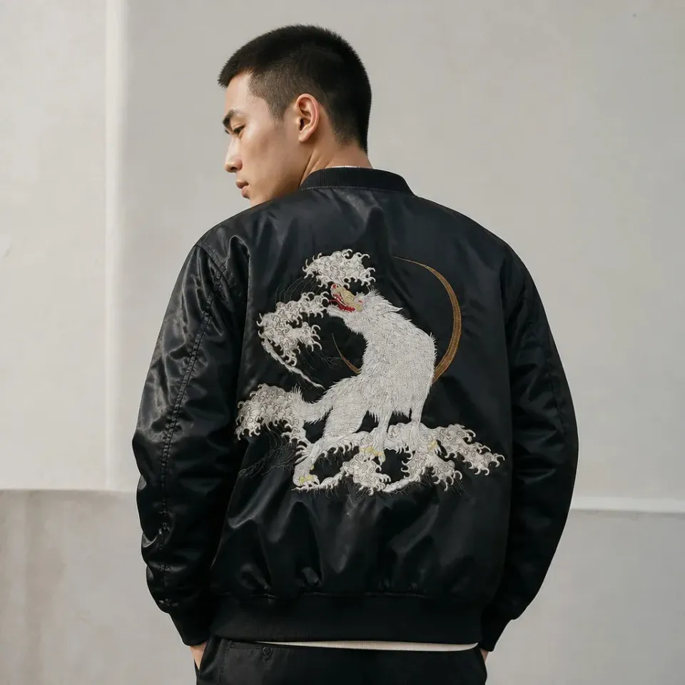 Esprit du Japon blouson sukajan loup vagues brodé noir