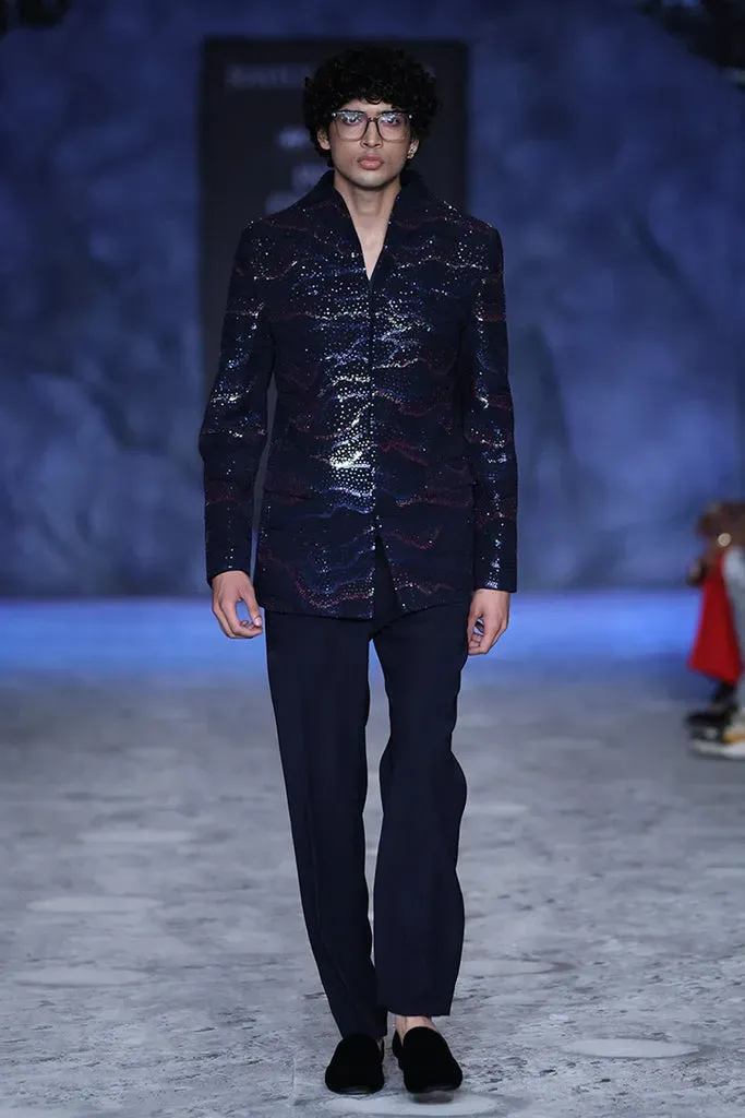 Rahul Mishra Pointillism bandhgala brodé main bleu marine