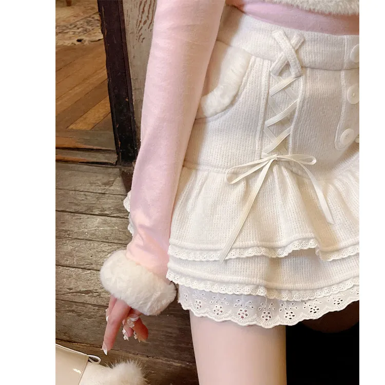 Esprit du Japon Jupe évasée taille haute rose tricot
