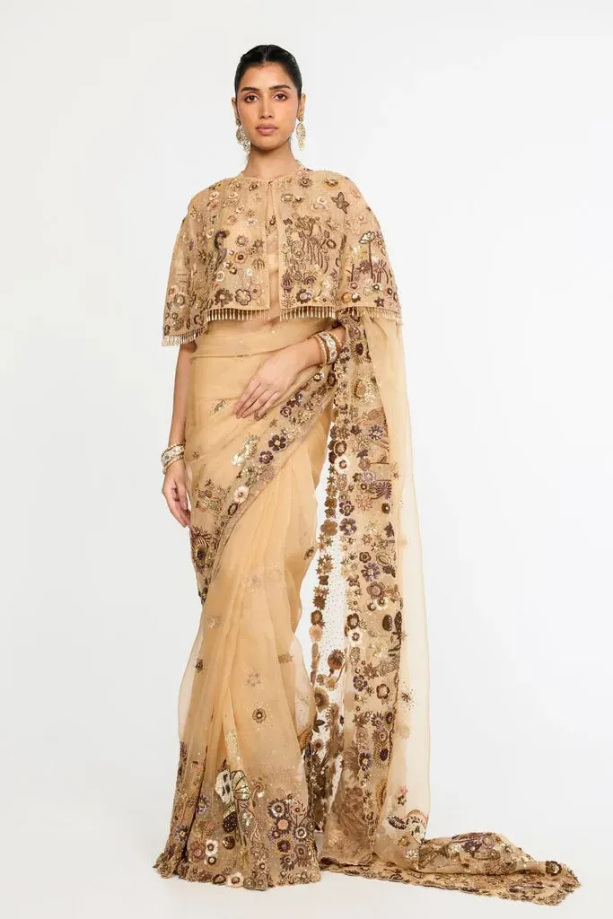 Rahul Mishra Garden of Time Cape soie nude bronze