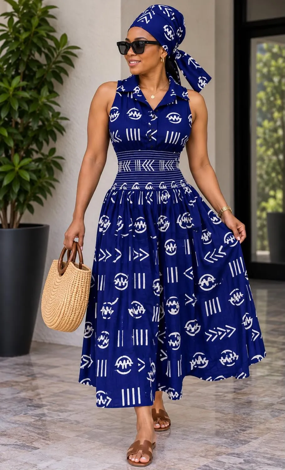 KAVAZI robe midi smockée imprimée africaine sans manches