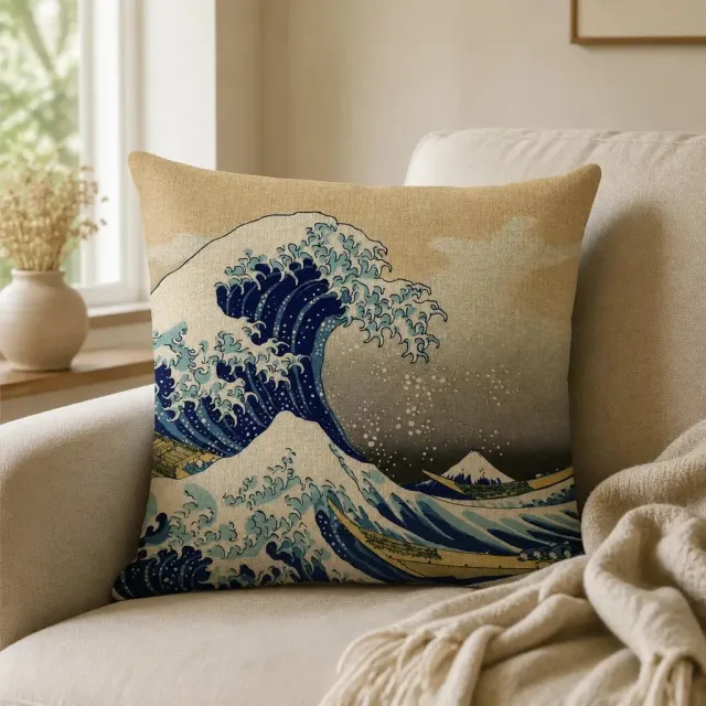 Esprit du Japon Housse Coussin Vague Japonaise Lin