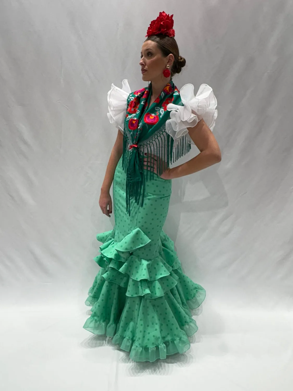 Viva la Feria Primor jupe flamenca verte à pois