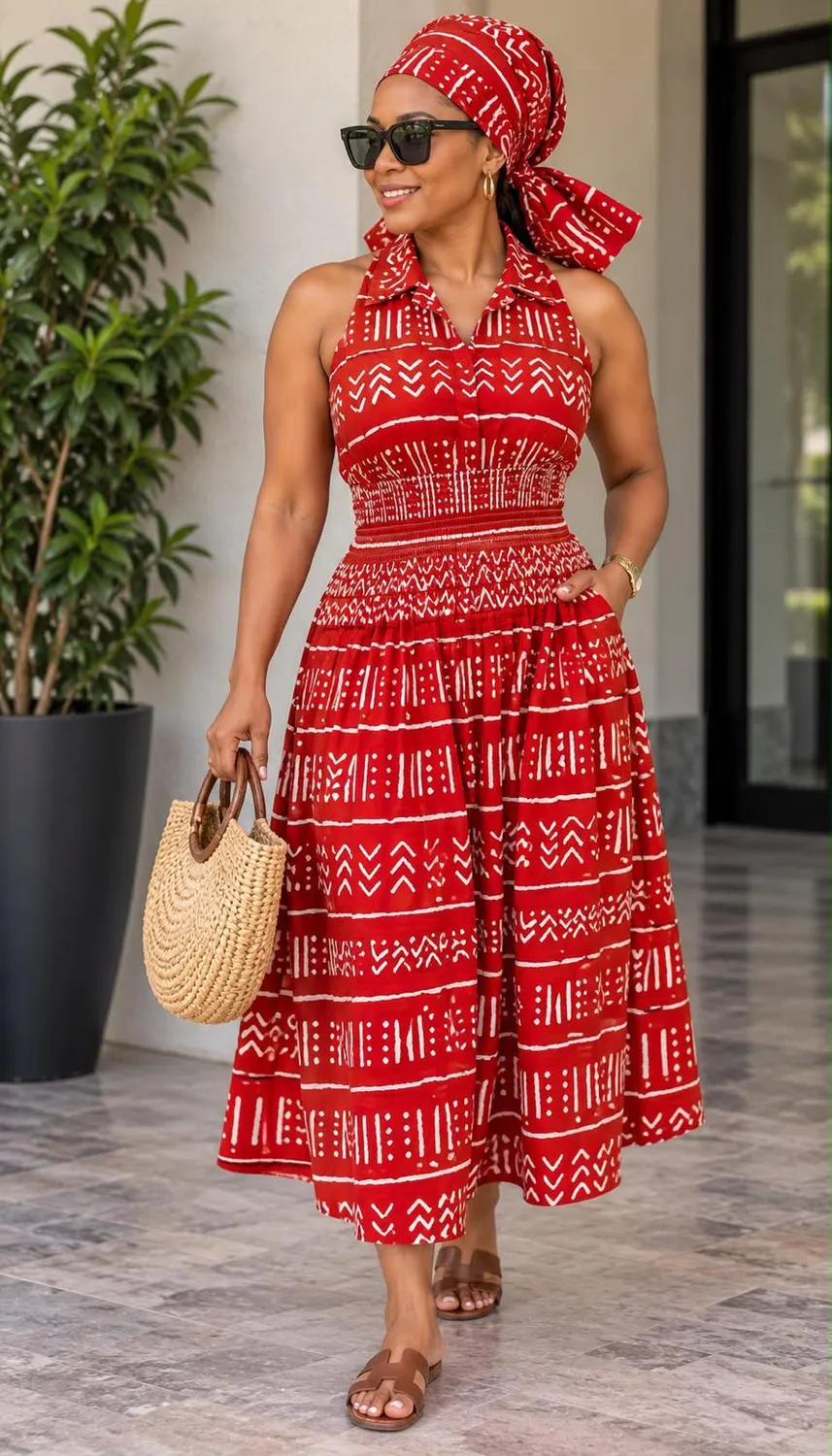KAVAZI robe midi smockée imprimée africaine sans manches