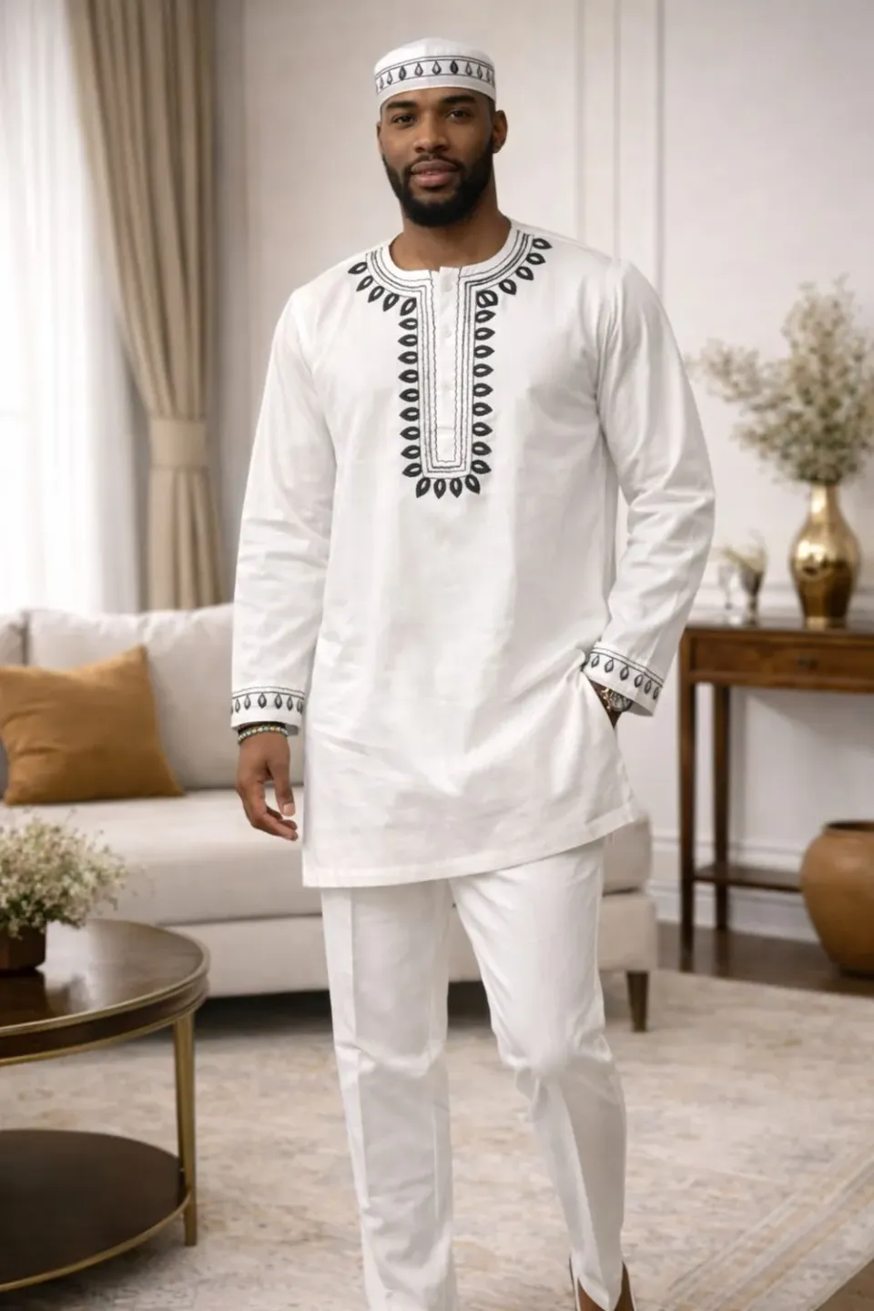 KAVAZI White Emroidery Top And Pant With Kufi Hat ensemble homme