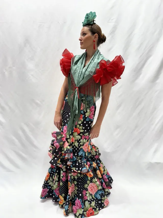 Viva La Feria Ajolí jupe flamenca fleurs noires