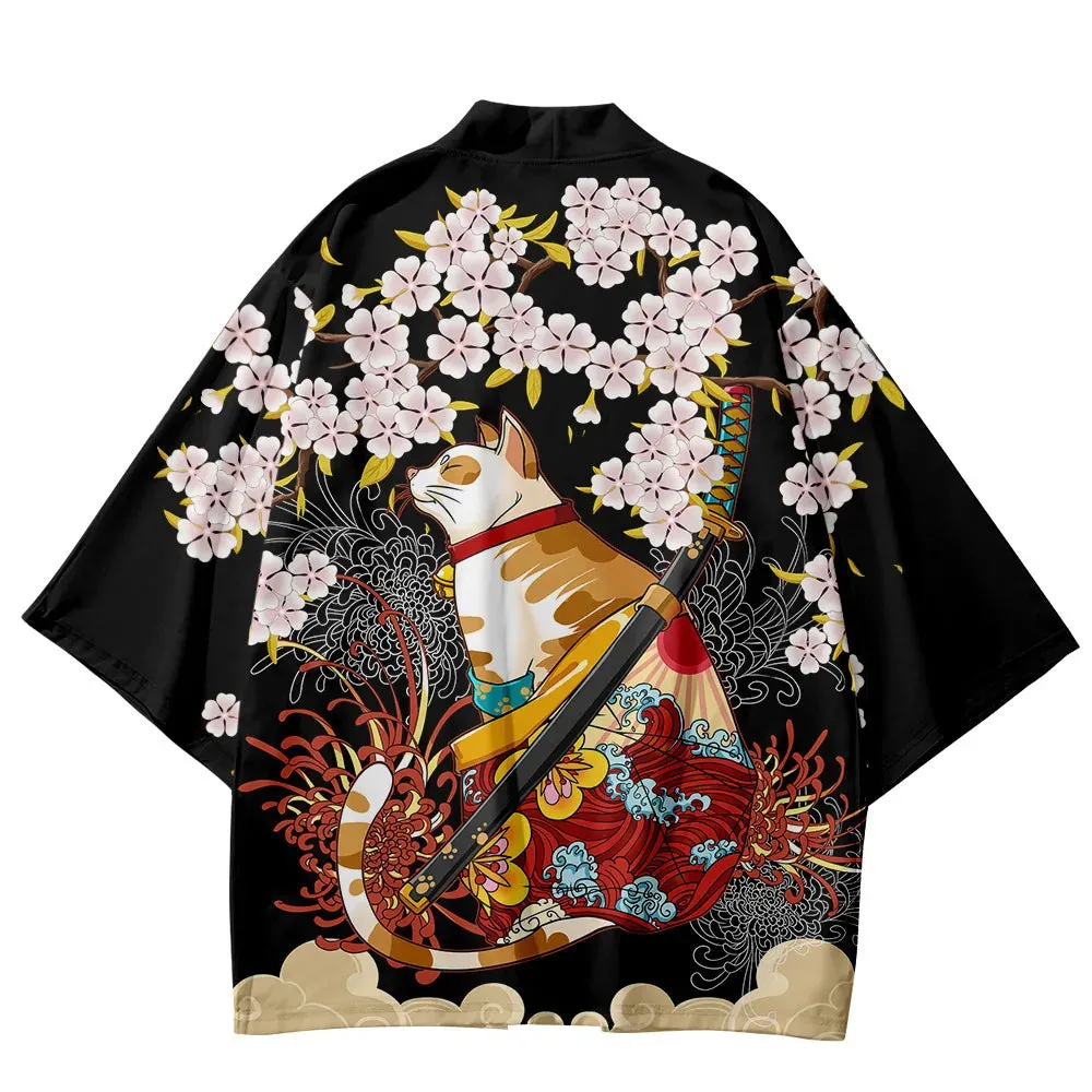 Esprit du Japon Veste kimono chat samouraï homme satinée