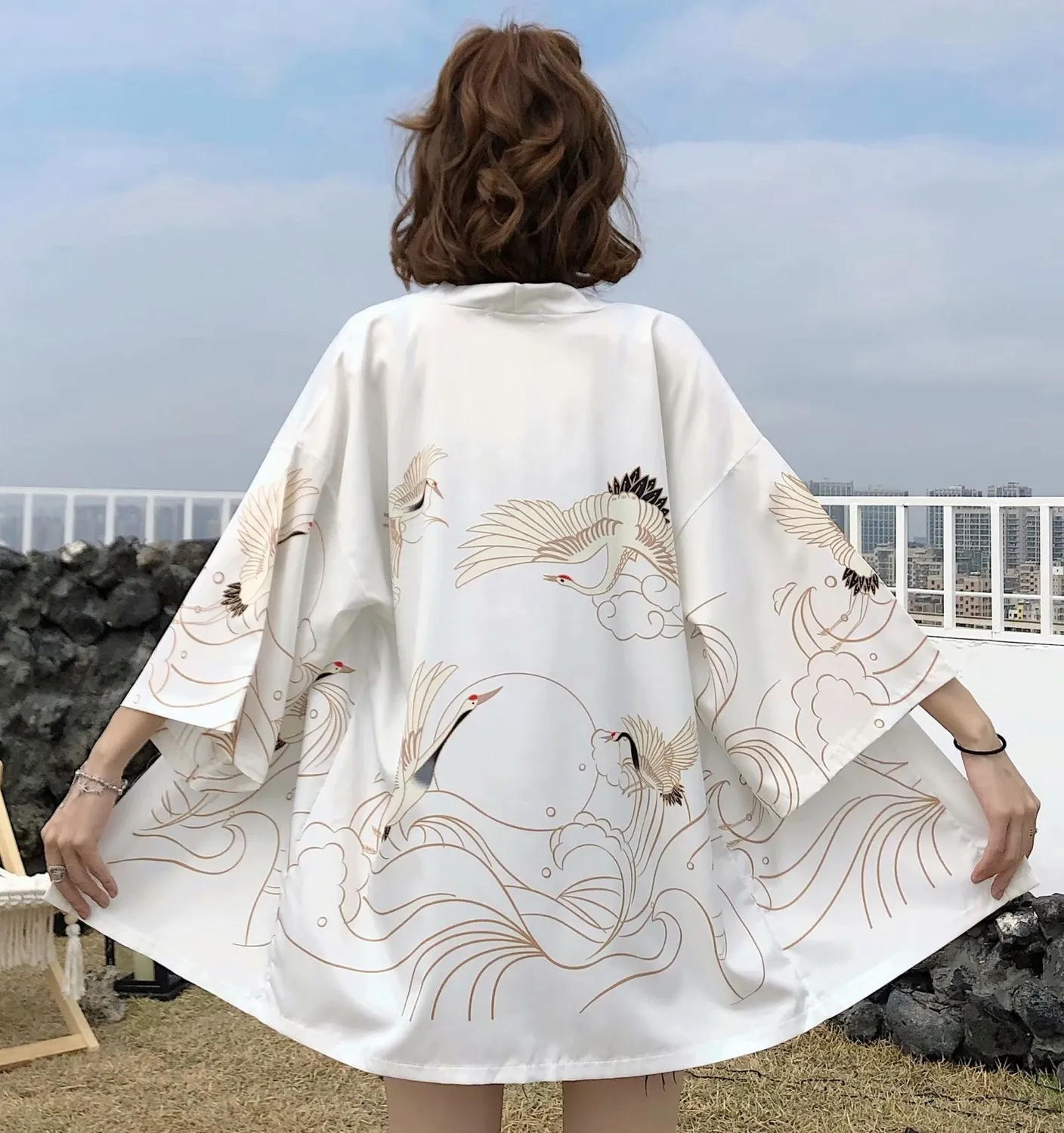 Esprit du Japon Veste kimono ample motifs grues
