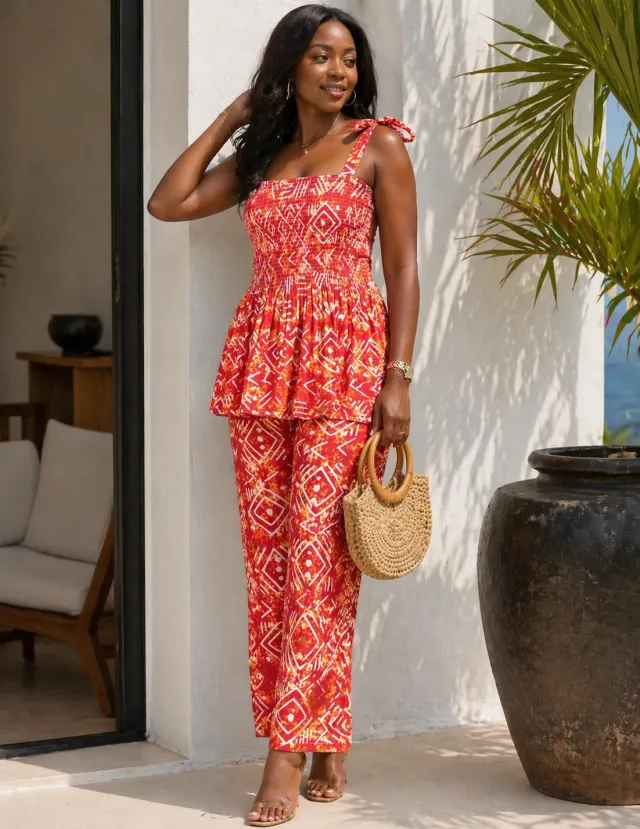 KAVAZI ensemble top peplum pantalon coton foulard