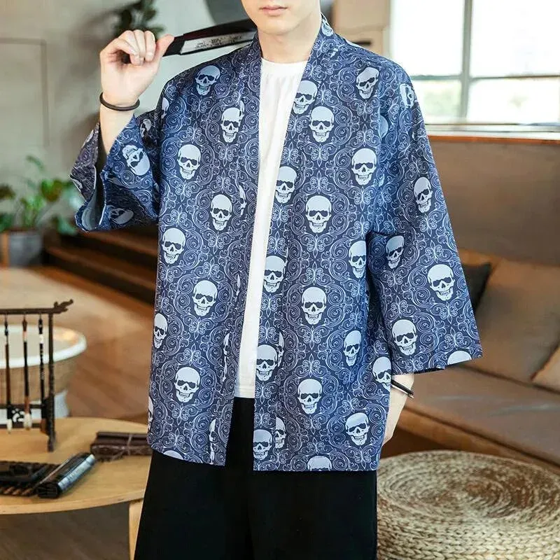 Japon style Kaïto cardigan tête de mort Bleu manches 3/4