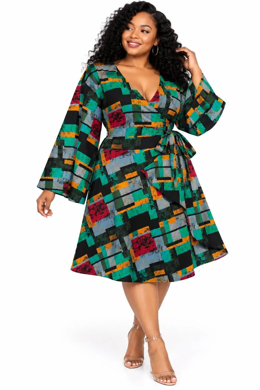 KAVAZI robe midi cache-cœur wax col V manches cloche