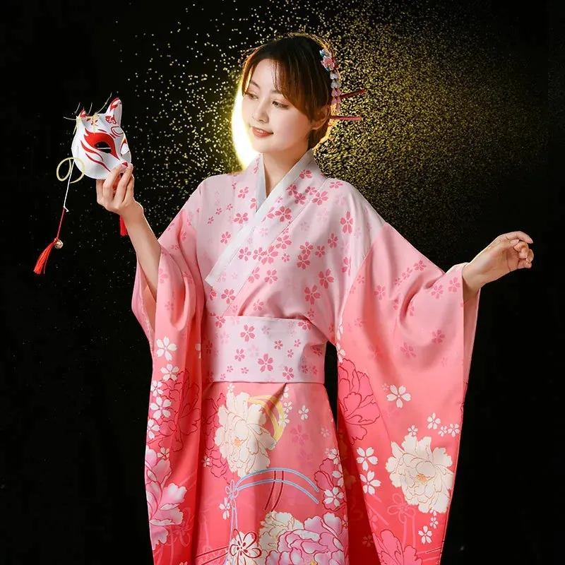 Esprit du Japon robe kimono longue satinée fleurie col V