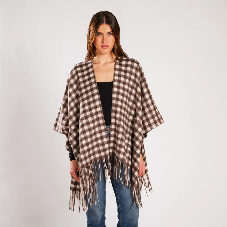 Mistral Camargue poncho laine carreaux bruns taille unique