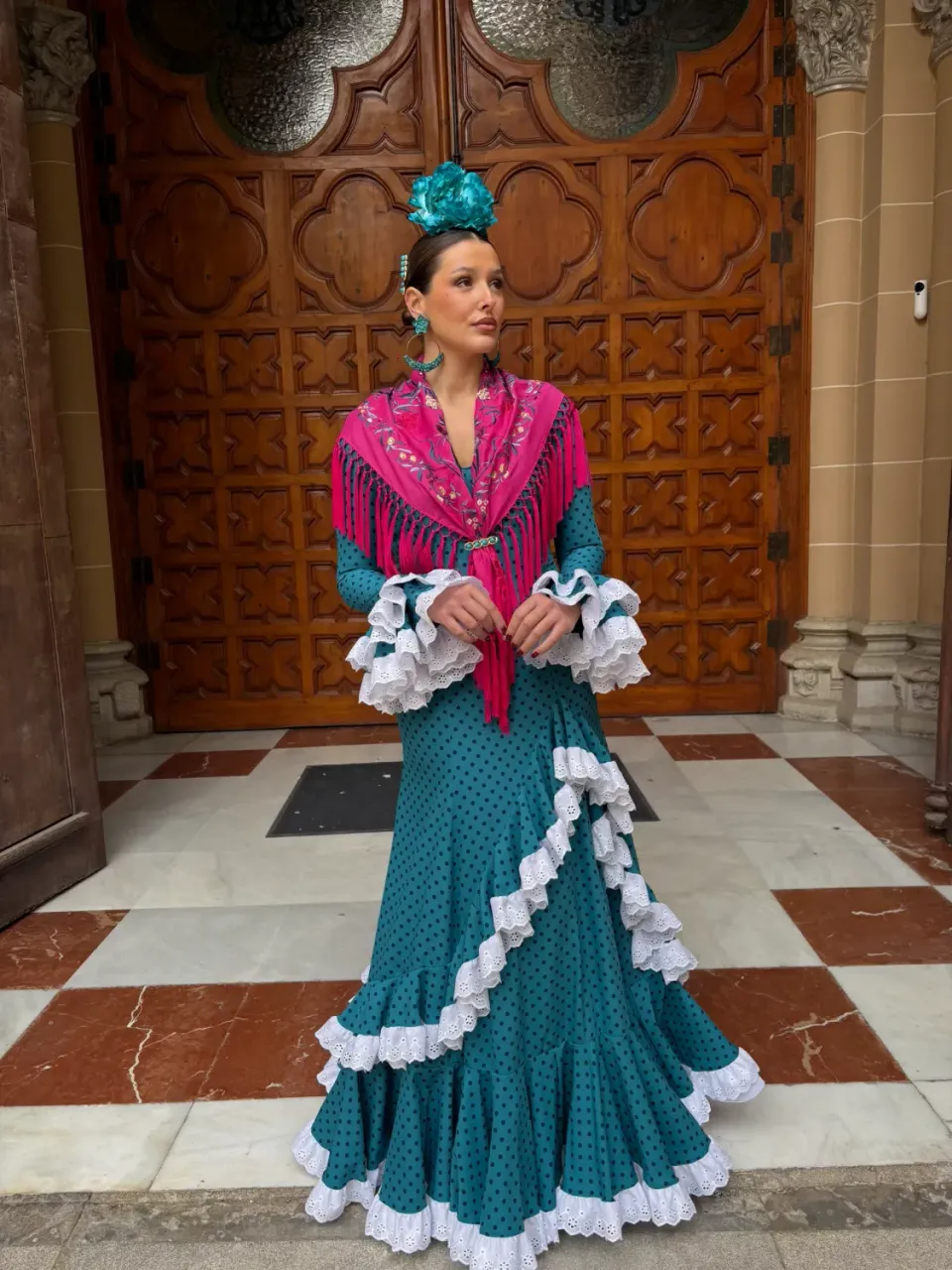 Viva La Feria Campanario robe flamenca bleu pétrole à pois