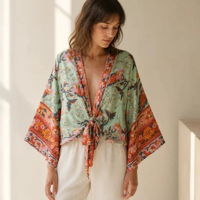 Esprit du Japon Kimono Court Fleuri Vert Grisé Coton