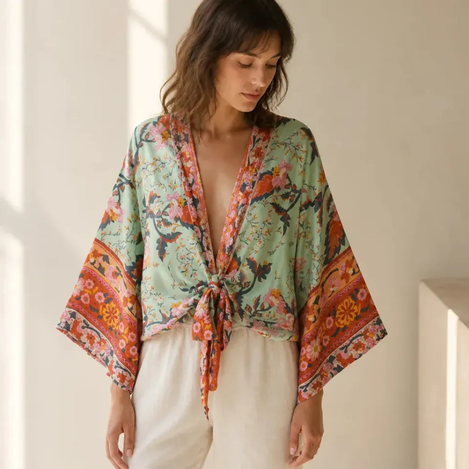 Esprit du Japon Kimono Court Fleuri Vert Grisé Coton