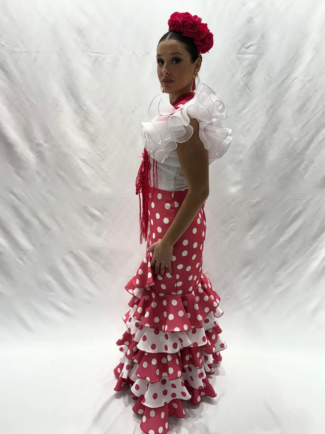 Viva La Feria Alba jupe flamenca fuchsia à pois volants
