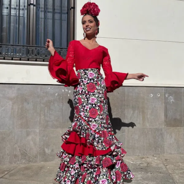 Viva la Feria Granada jupe flamenca fleurs crêpe