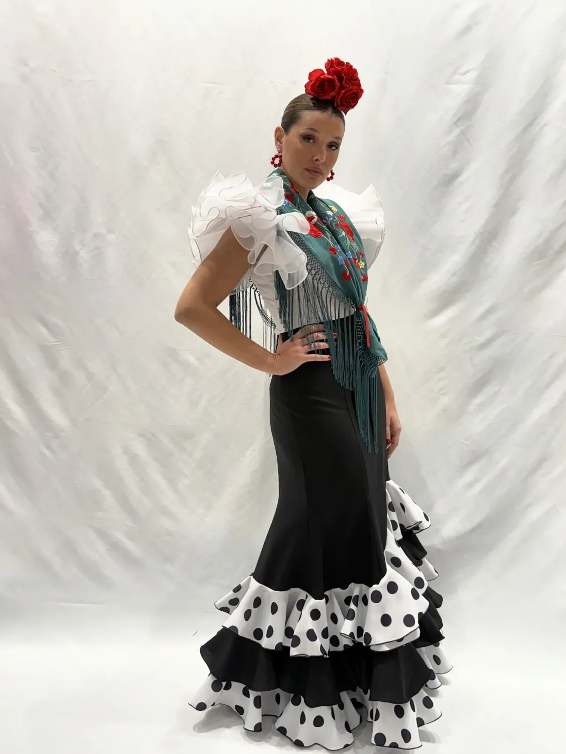 VIVA LA FERIA Dulce jupe flamenca noire à pois blancs