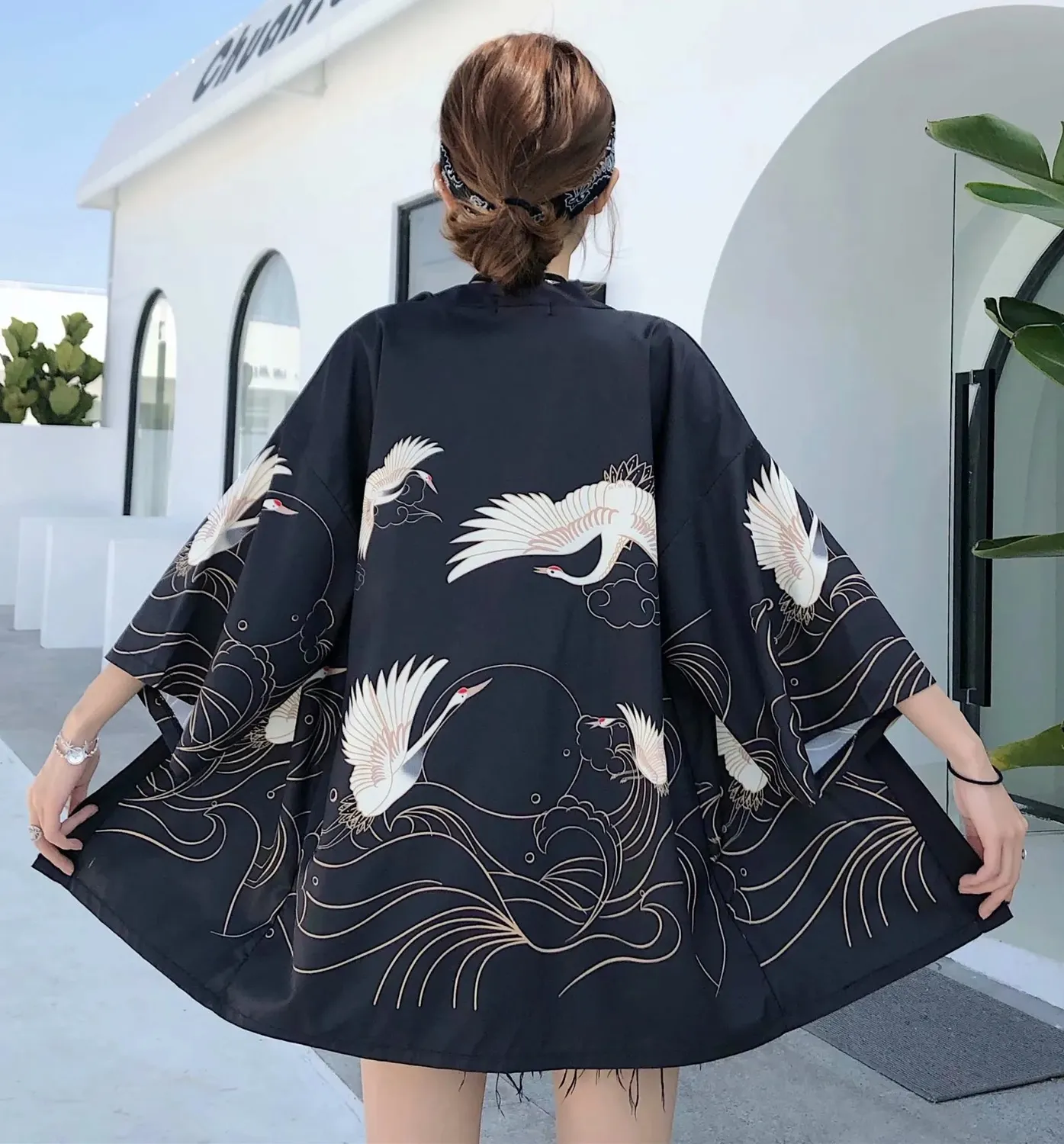 Esprit du Japon Veste kimono ample motifs grues