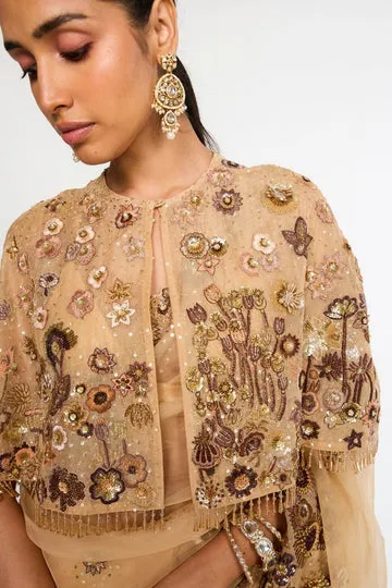 Rahul Mishra Garden of Time Cape soie nude bronze