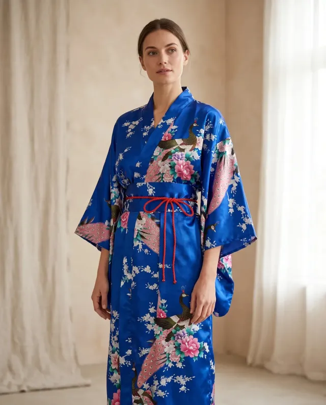 Esprit du Japon paon pivoine kimono satiné bleu roi