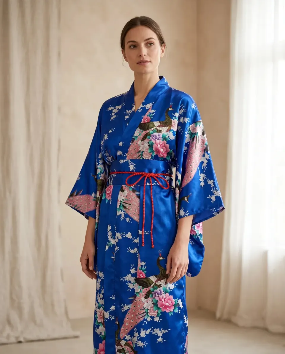 Esprit du Japon paon pivoine kimono satiné bleu roi