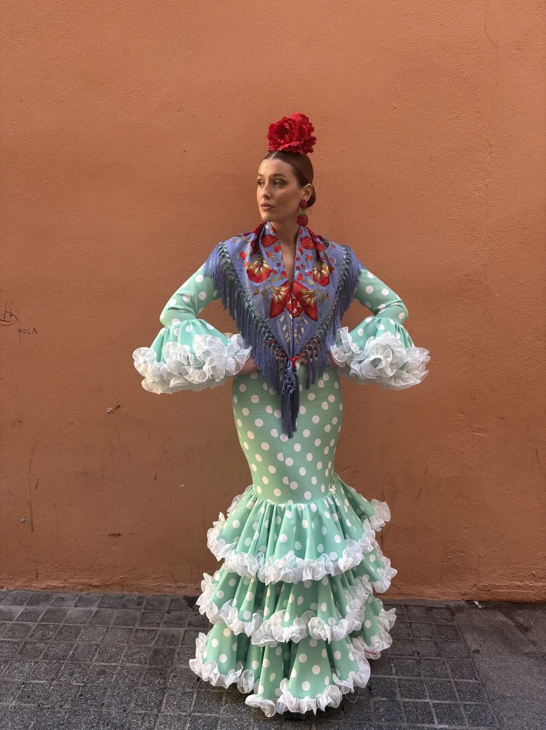 Viva la Feria Canela robe flamenca verte pois blancs