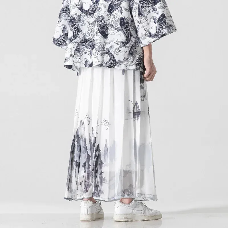 Esprit du Japon Jupe plissée blanche motif encre en lin