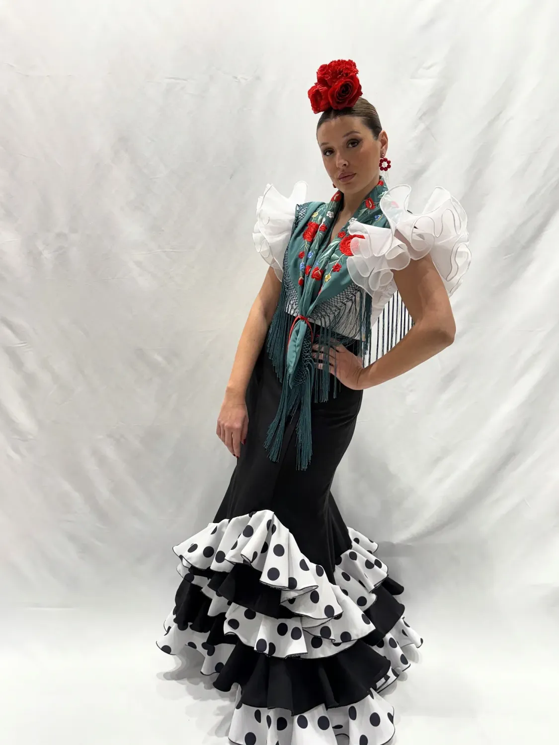 VIVA LA FERIA Dulce jupe flamenca noire à pois blancs