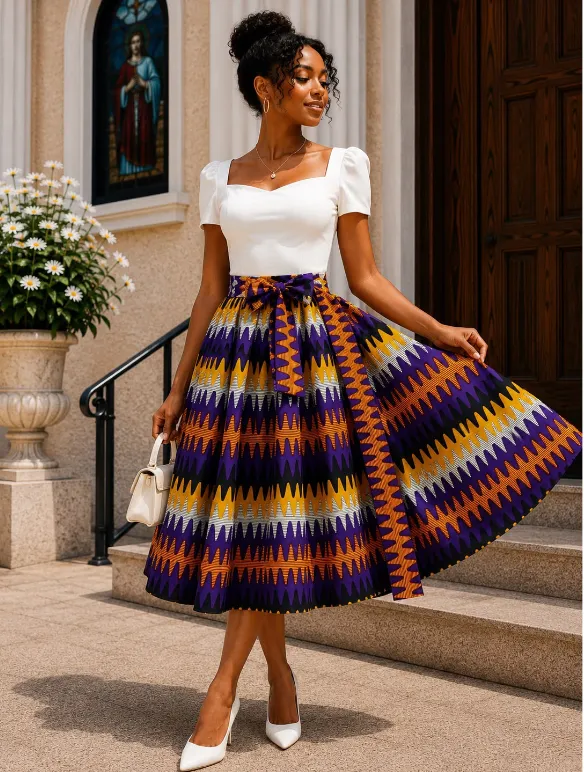 KAVAZI jupe midi Ankara wax motif africain