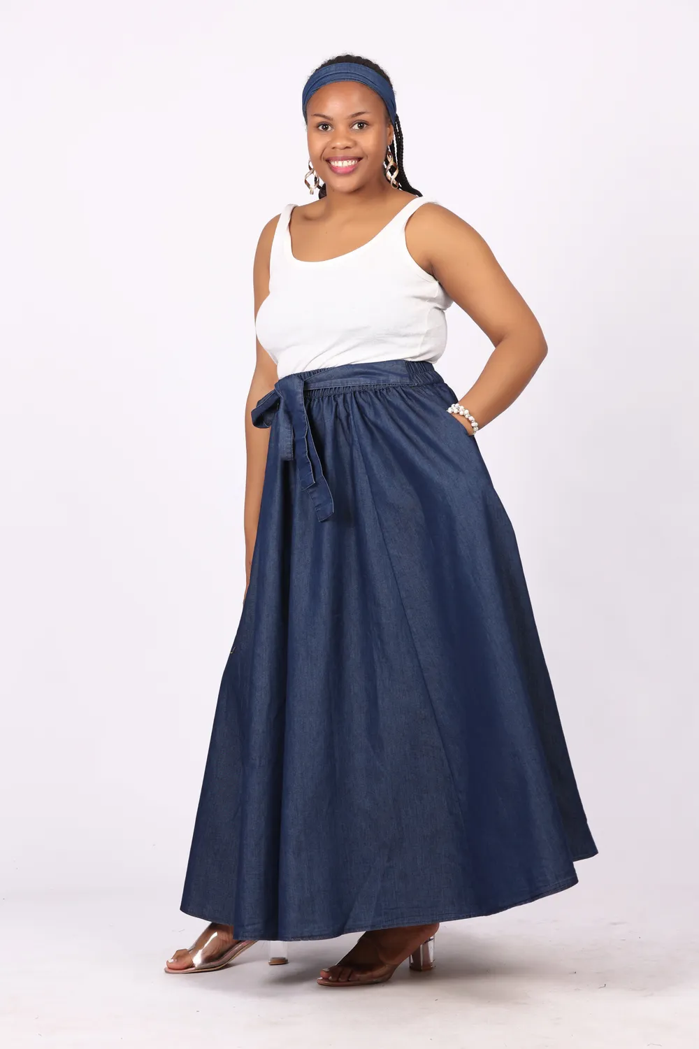 KAVAZI Denim Maxi Skirt jupe longue jean avec foulard