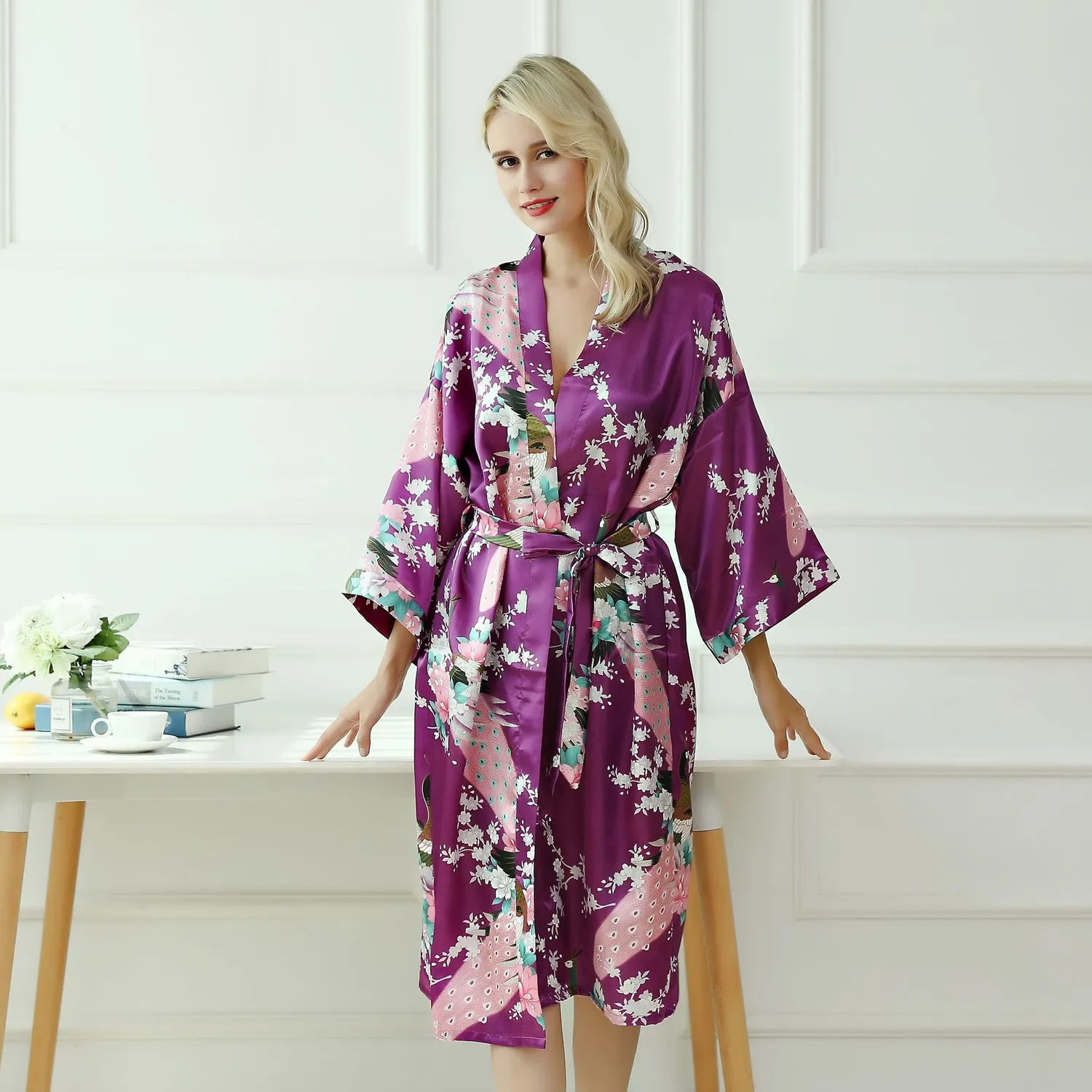 Esprit du Japon Peignoir Kimono Paon Pivoine Satiné