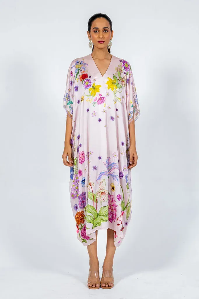Rahul Mishra Valley of Flowers caftan satin soie rose