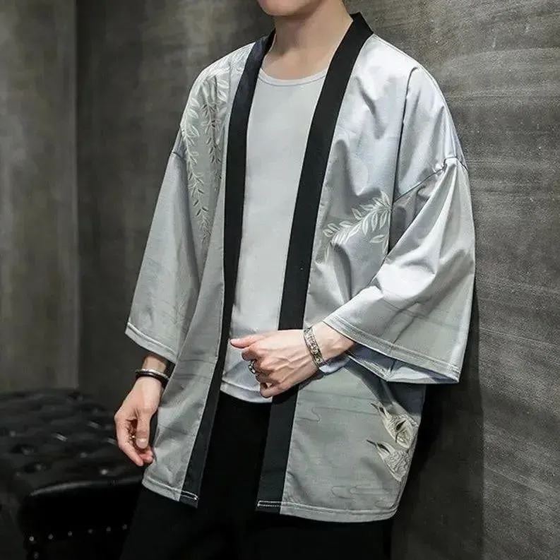 Japon style tamotsu veste kimono homme grise oiseaux