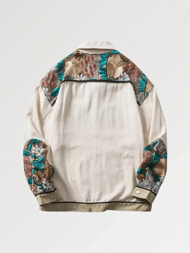 Japon style OJK711 veste en jean broderie florale oversize